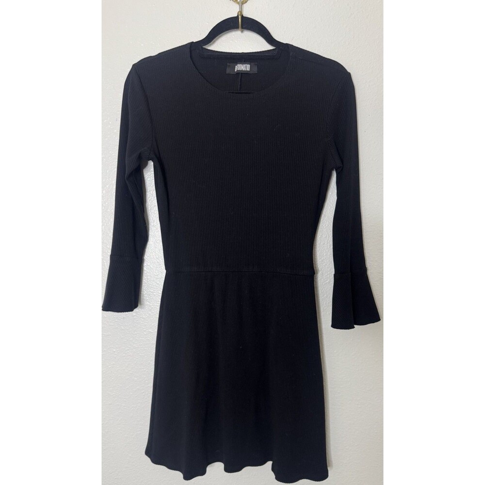 Reformation Sweater Dress Black Rib Knit Long Bell Sleeve Fit & Flare Mini Sz L - Picture 1 of 6